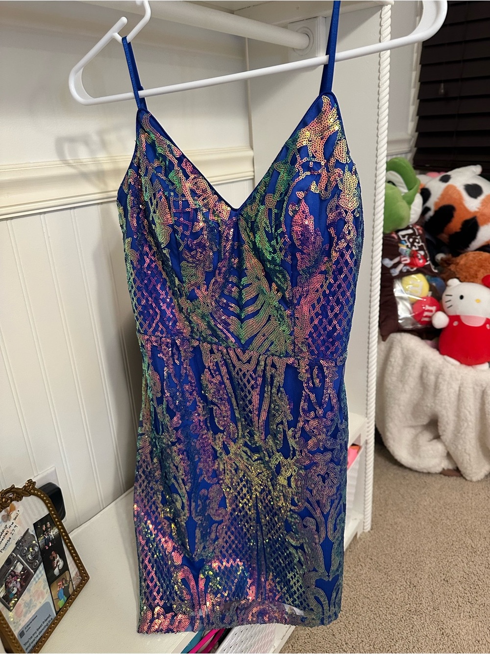 Iridescent Blue Sequin V-Neck Mini Dress